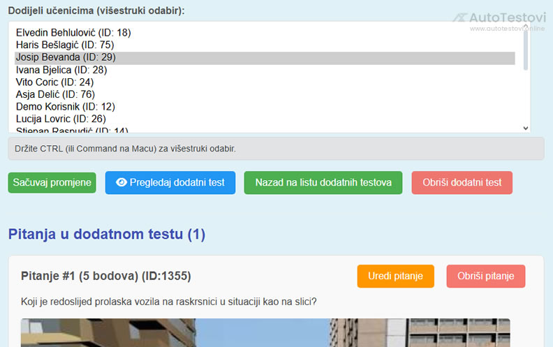 Online vozački testovi i vozački ispit i kreiranje i dodjeljivanje dodatnih testova na osnovu prosječnih rezultata